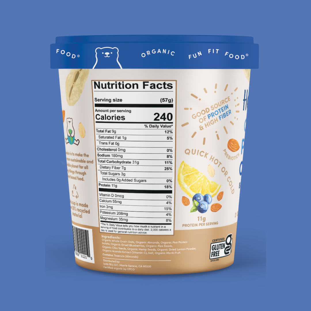 Healthbear Protein Oatmeal Blueberry Almond with Lemon Nutrition Facts | J&J Vending SF Office Snacks and Beverage Delivery Service