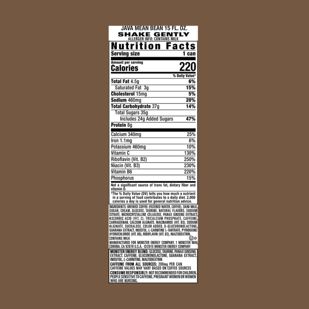 Monster Java Mean Bean Coffee and Energy Nutrition Facts | J&J Vending SF Office Snacks and Beverage Delivery Service