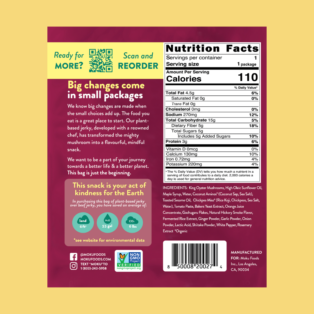 Moku Foods Mushroom Jerky Korean Barbecue Nutrition Facts | J&J Vending SF Office Snacks and Beverage Delivery Service