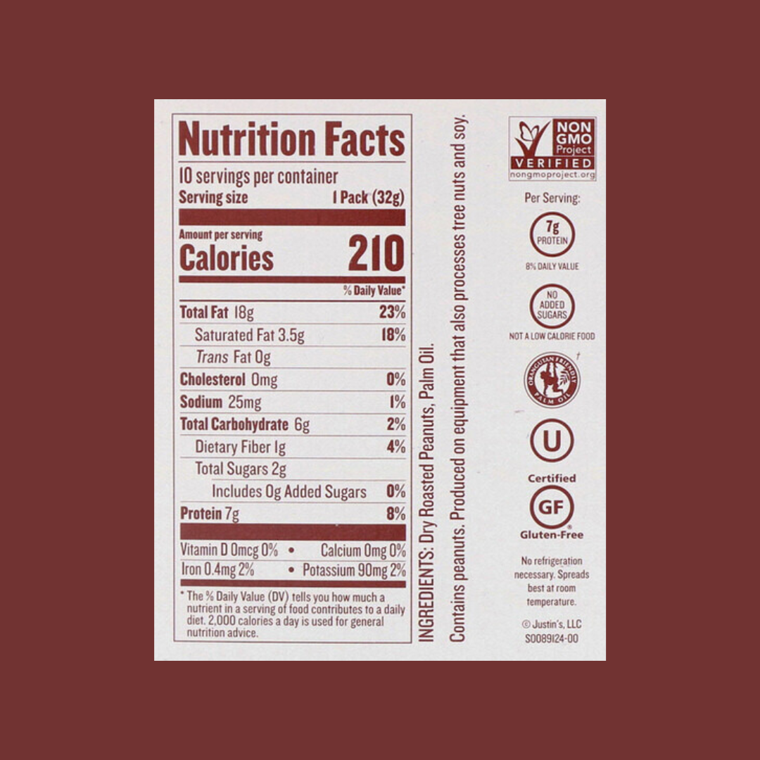 Justin's Classic Peanut Butter Spread Nutrition Facts | J&J Vending SF Office Snacks and Beverage Delivery Service