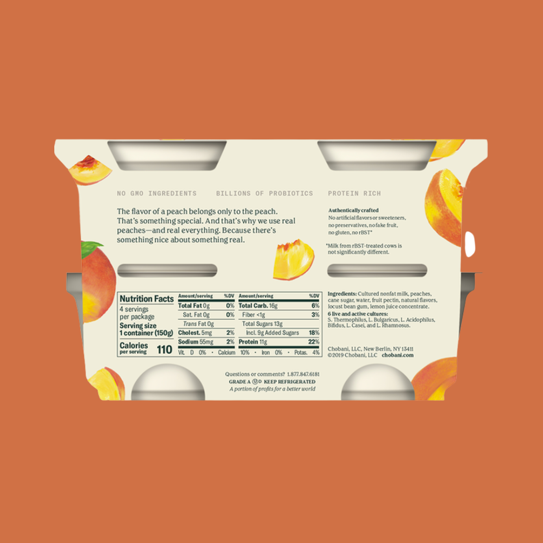 Chobani Greek Peach Yogurt Nutrition Facts | J&J Vending SF Office Snacks and Beverage Delivery Service