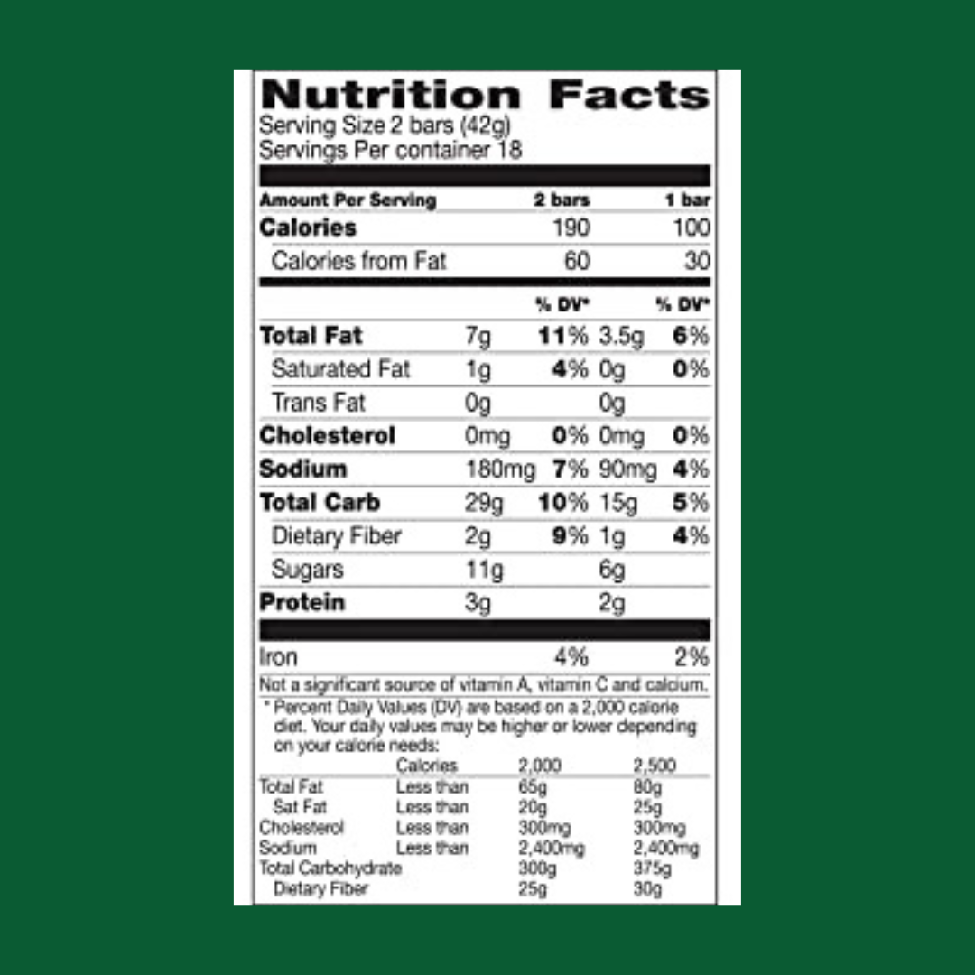 Nature Valley Crunchy Bar Oats & Honey Nutrition Label | J&J Vending SF Office Pantry Snacks and Beverage Delivery Service