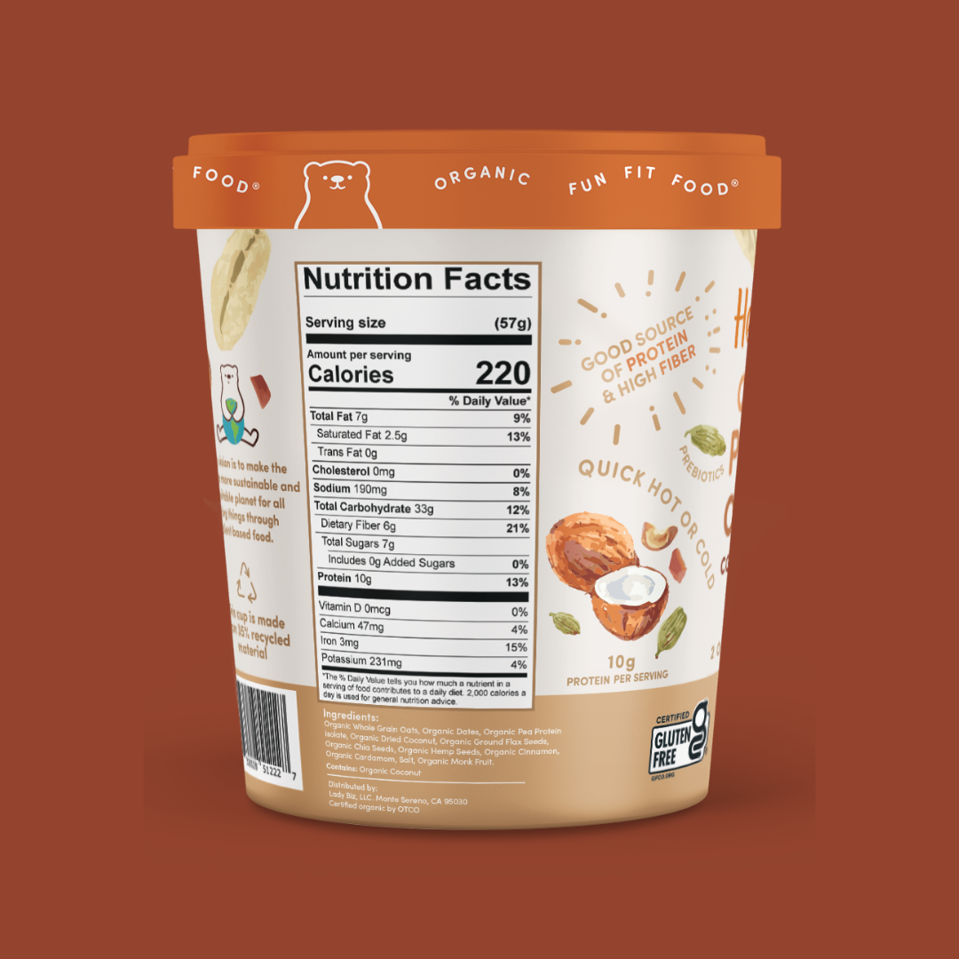 Healthbear Protein Oatmeal Coconut Cardamon with Dates Nutrition Facts | J&J Vending SF Office Snacks and Beverage Delivery Service