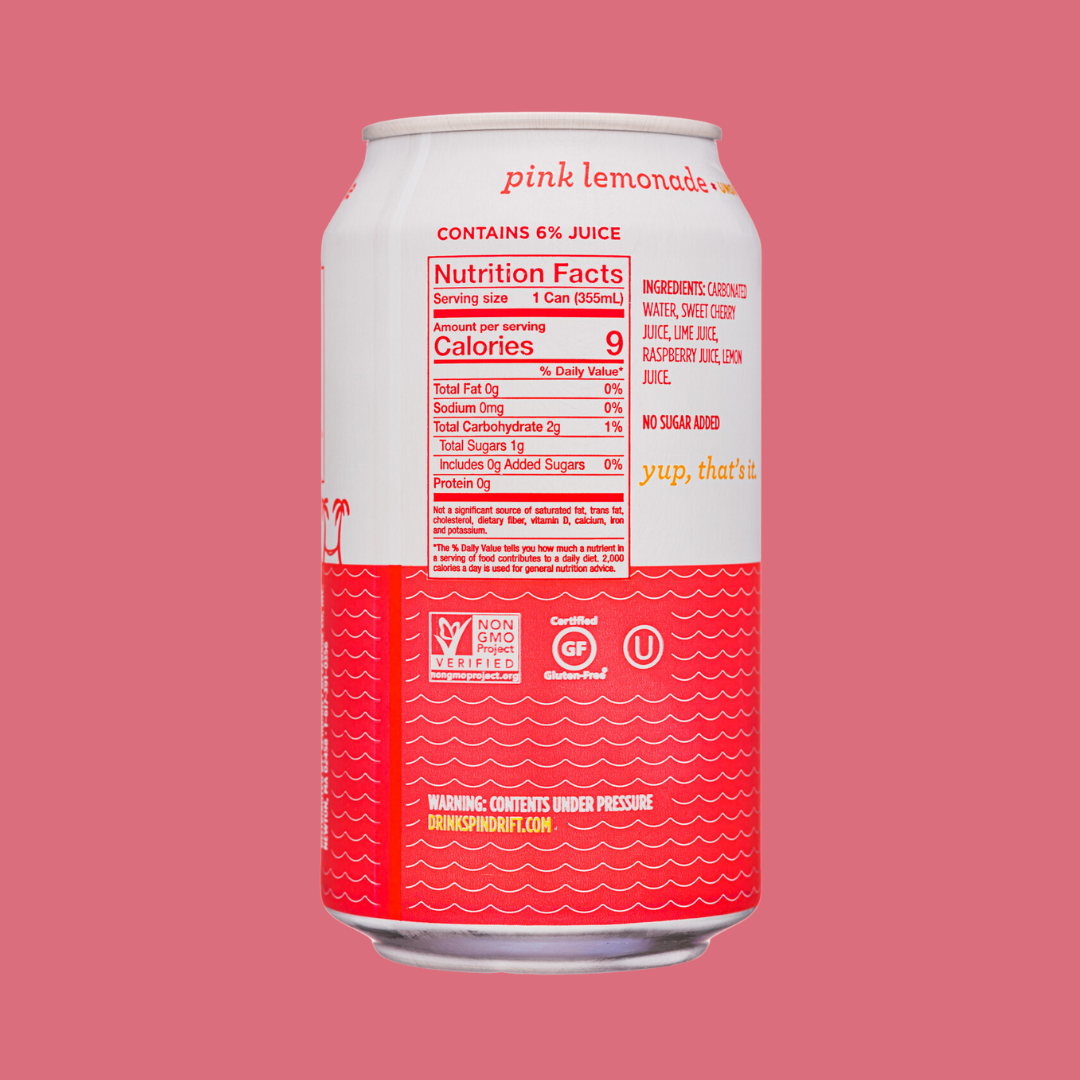 Spindrift Sparkling Water Pink Lemonade Nutrition Facts | J&J Vending SF Office Snack and Beverage Delivery Service