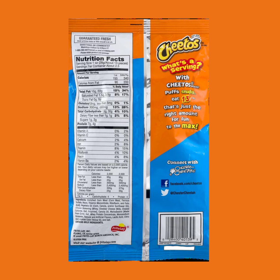 Cheetos Puffs XVL Nutrition Facts | J&J Vending SF Office Snacks and Beverage Delivery Service