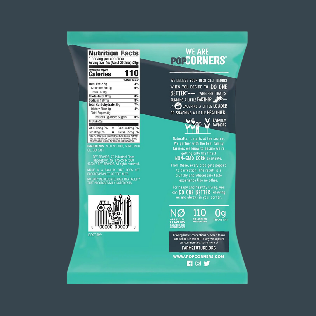 Popcorners Sea Salt Nutrition Facts | J&J Vending SF Office Snacks and Beverage Delivery Service
