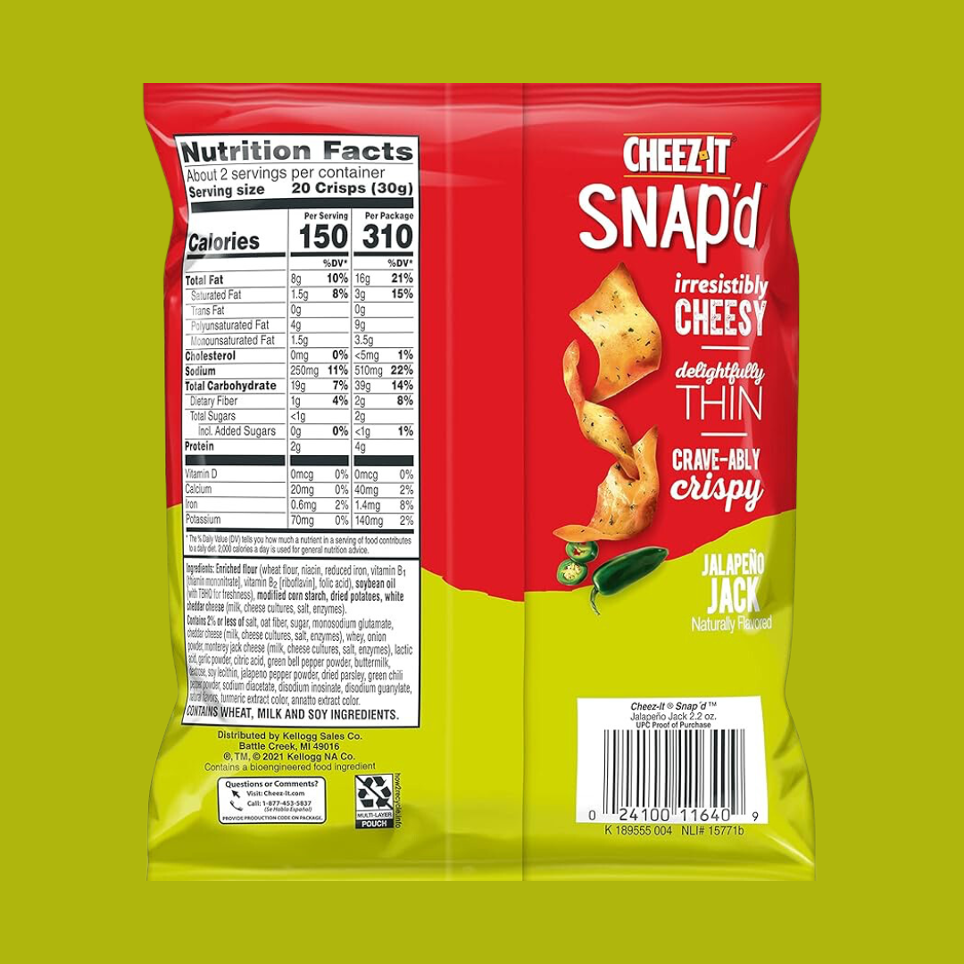 Cheez'it Snap'd Jalapeño Jack Crackers Nutrition Facts | J&J Vending SF Office Snacks and Beverage Delivery Service  Edit alt text