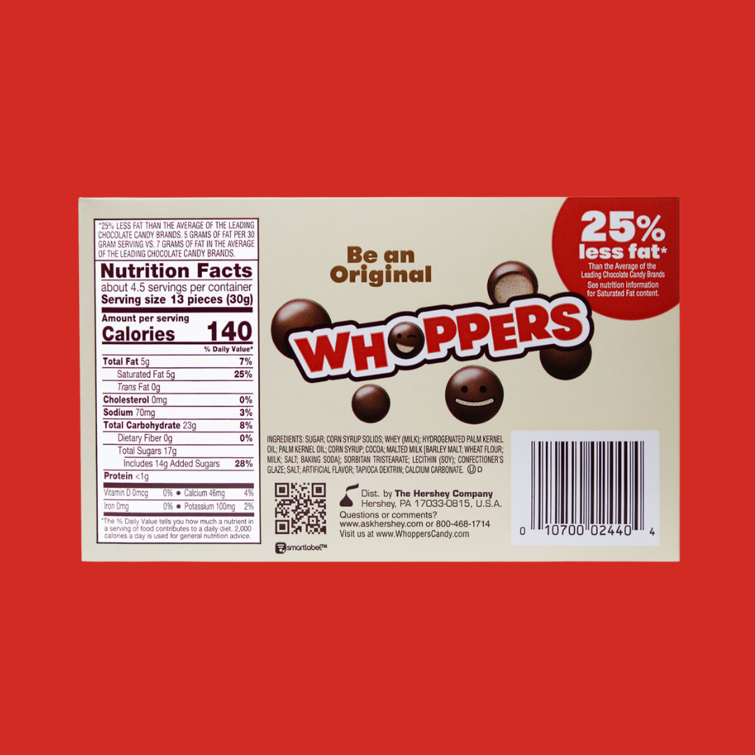 Whoppers The Original Malted Milk Balls Nutrition Facts | J&J Vending SF Office Snacks and Beverage Delivery Service