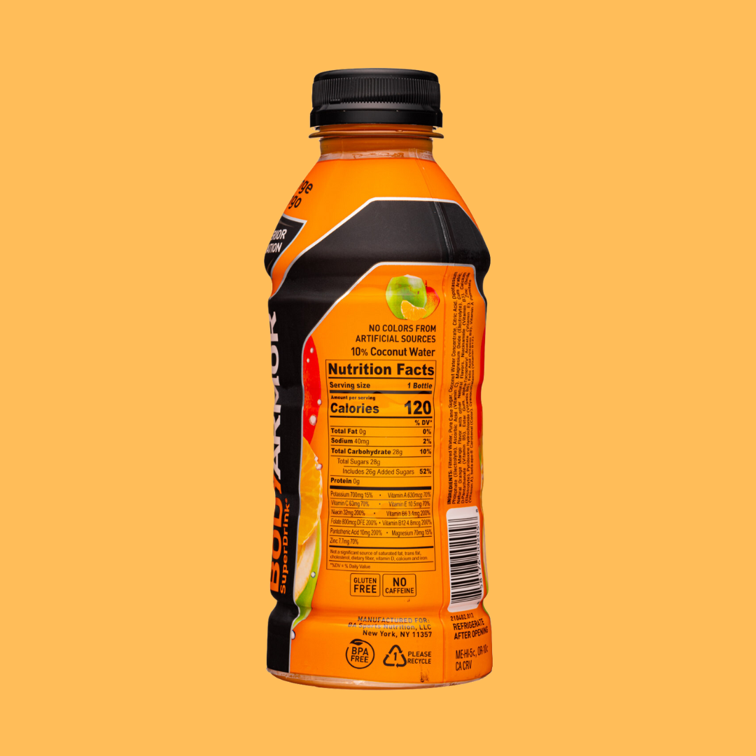 Body Armor Orange Mango Super Sports Drink Nutrition Facts | J&J Vending SF Office Snacks and Beverage Delivery Service