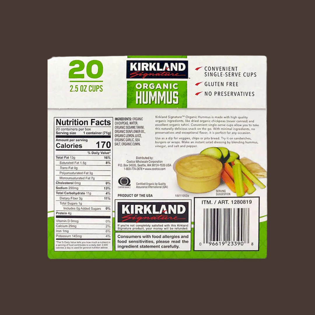 Kirkland Organic Hummus Single Nutrition Facts | J&J Vending SF Office Snacks and Beverage Delivery Service