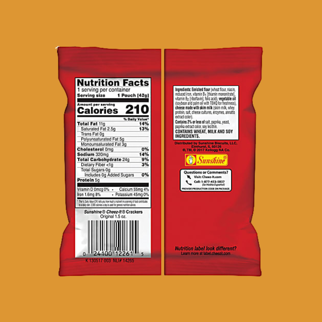Cheez-It Baked Snack Crackers Nutrition Facts | J&J Vending SF Office Pantry Snacks and Beverage Delivery Service