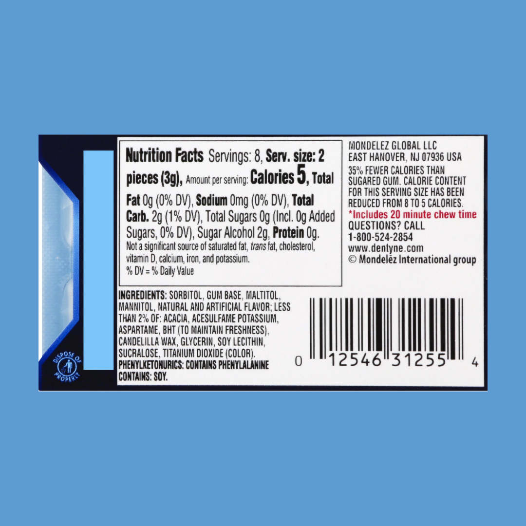 Dentyne Ice Peppermint Sugar Free Gum Nutrition Facts | J&J Vending SF Office Pantry Snacks and Beverage Delivery Service