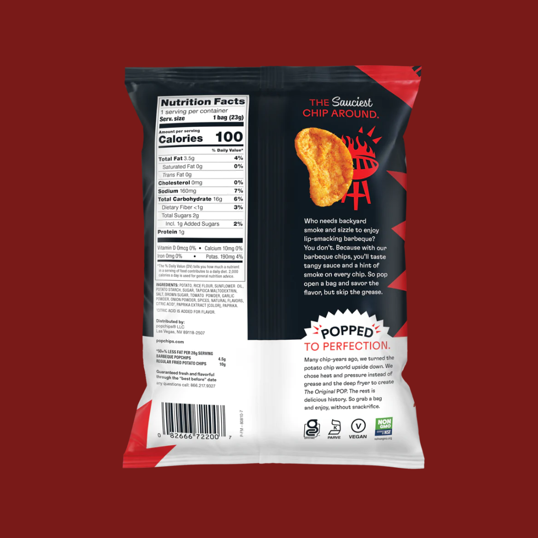 Popchips BBQ Potato Chips Nutrition Facts | J&J Vending SF Office Pantry Snacks and Beverage Delivery Service