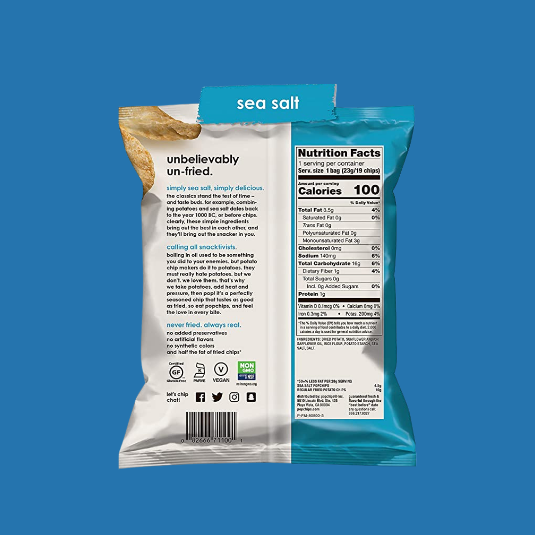 Popchips Original Potato Salt Salt Chips Nutrition Facts | J&J Vending SF Office Pantry Snacks and Beverage Delivery Service