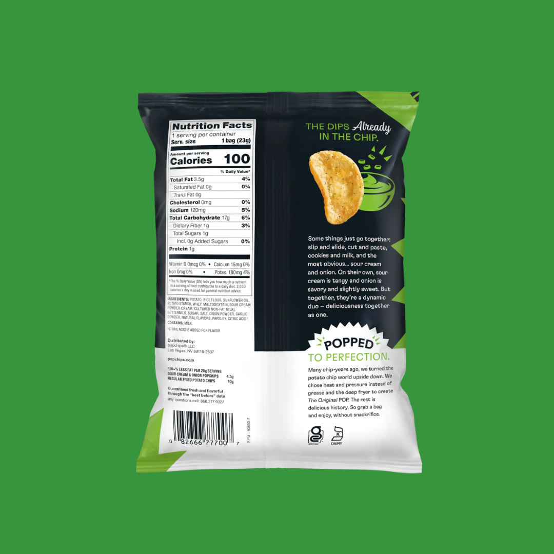 Popchips Potato Chips Sour Cream and Onion Nutrition Facts | J&J Vending SF Office Pantry Snacks and Beverage Delivery Service