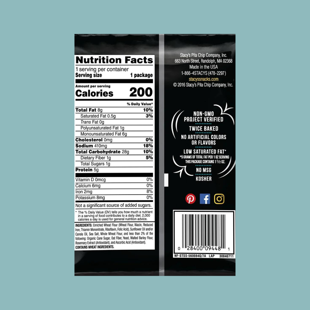 Stacy's Baked Pita Chips Simply Naked Nutrition Facts | J&J Vending SF Office Pantry Snacks and Beverage Delivery Service