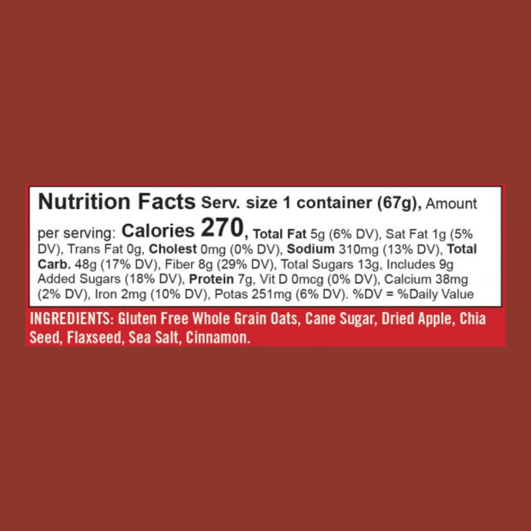Bob's Red Mill Gluten Free Oatmeal Apple Pieces and Cinnamon Nutrition Facts | J&J Vending SF Office Pantry Snacks and Beverage Delivery Service