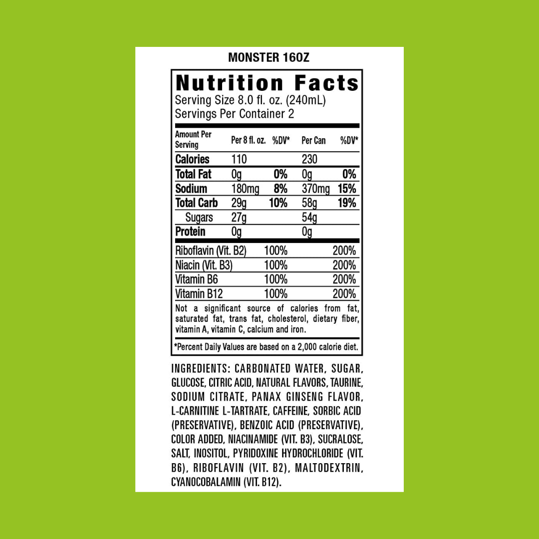 Monster Energy Drink Nutrition Facts | J&J Vending SF Office Snack and Beverage Delivery Service