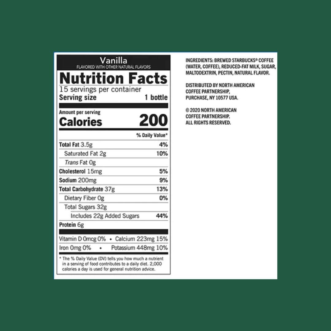 Starbucks Vanilla Bottled Frappuccino Nutrition Facts | J&J Vending SF Office Snack and Beverage Delivery Service