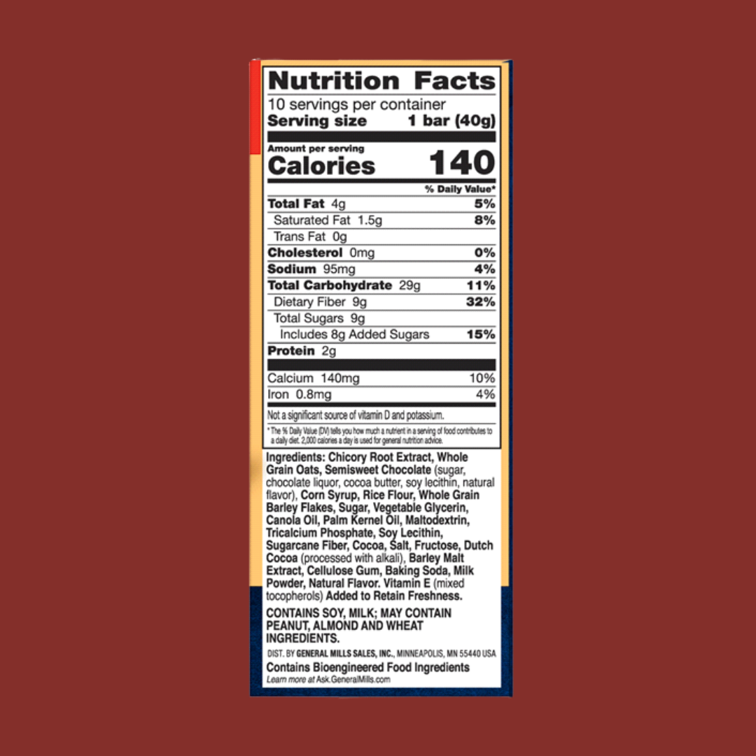 Fiber One Chewy Bar Oats & Chocolate Nutrition Label | J&J Vending SF Office Pantry Snacks and Beverage Delivery Service