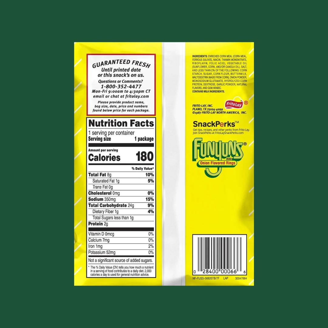 Funyuns Onion Flavored Rings Nutrition Label | J&J Vending SF Office Pantry Snacks and Beverage Delivery Service