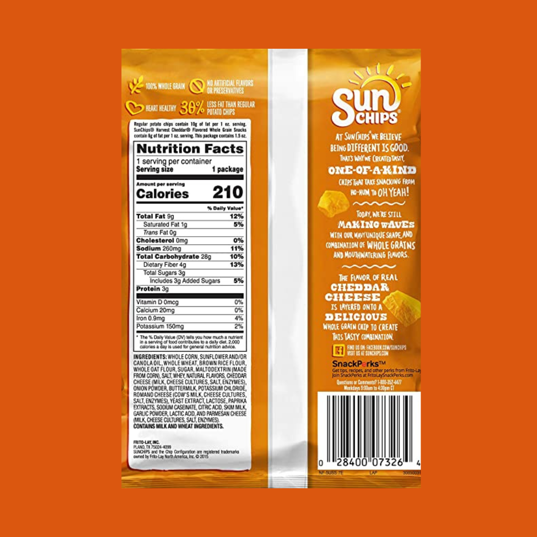 Sunchips Harvest Cheddar Chips Nutrition Facts | J&J Vending SF Office Pantry Snacks and Beverage Delivery Service