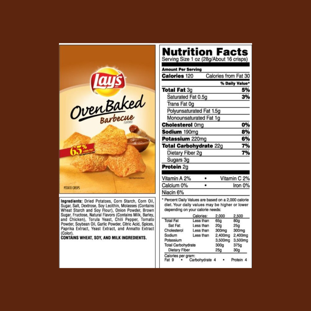 Lays Baked BBQ Chips Nutrition Facts | J&J Vending SF Office Pantry Snacks and Beverage Delivery Service