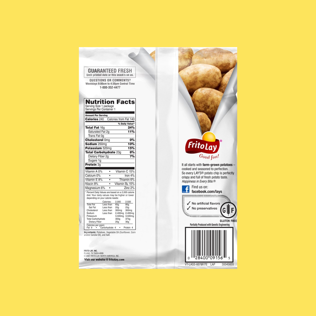 Lays Regular Chips Nutrition Facts | J&J Vending SF Office Pantry Snacks and Beverage Delivery Service