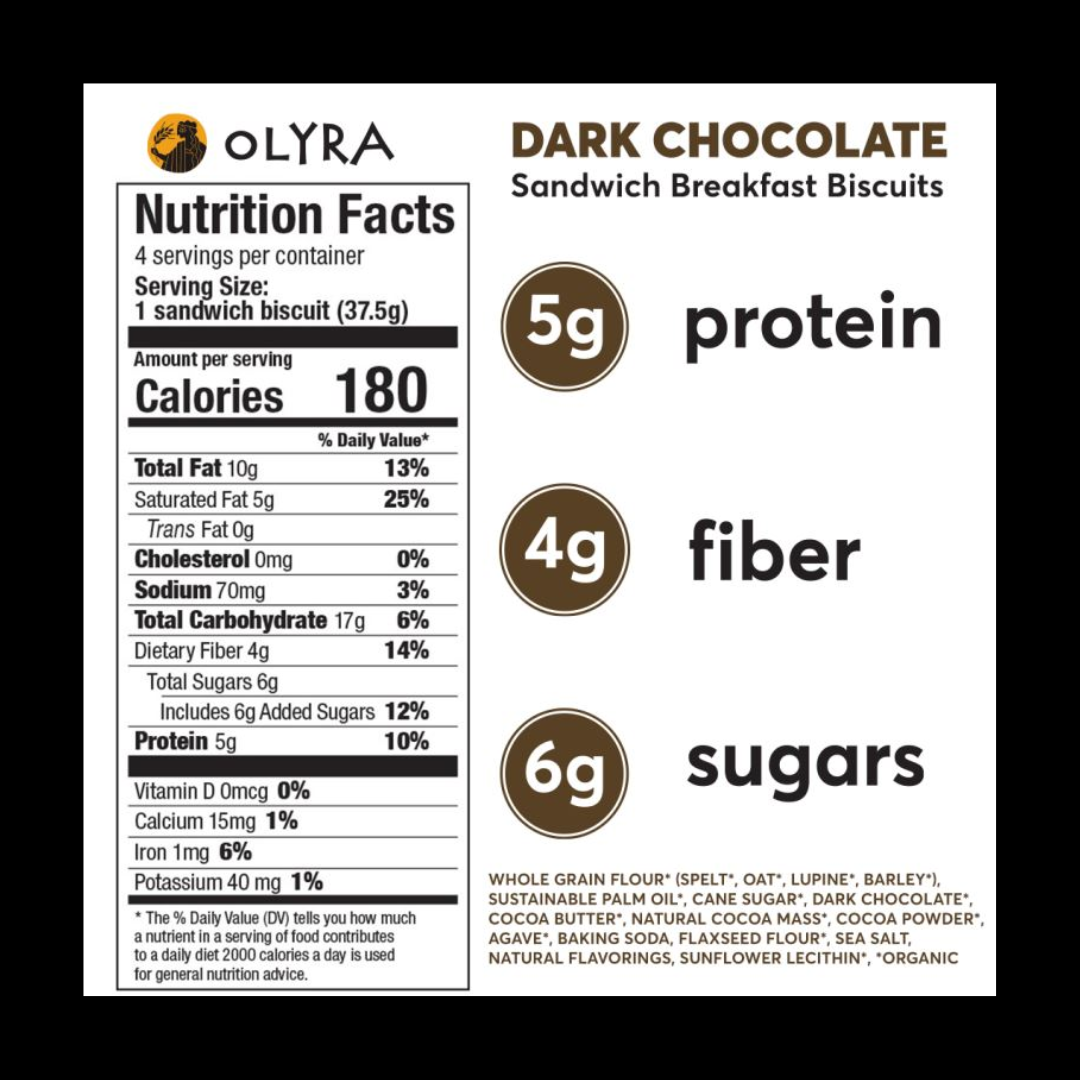 OLYRA Dark Chocolate Sandwich Nutrition Label | J&J Vending SF Office Pantry Snacks and Beverage Delivery Service