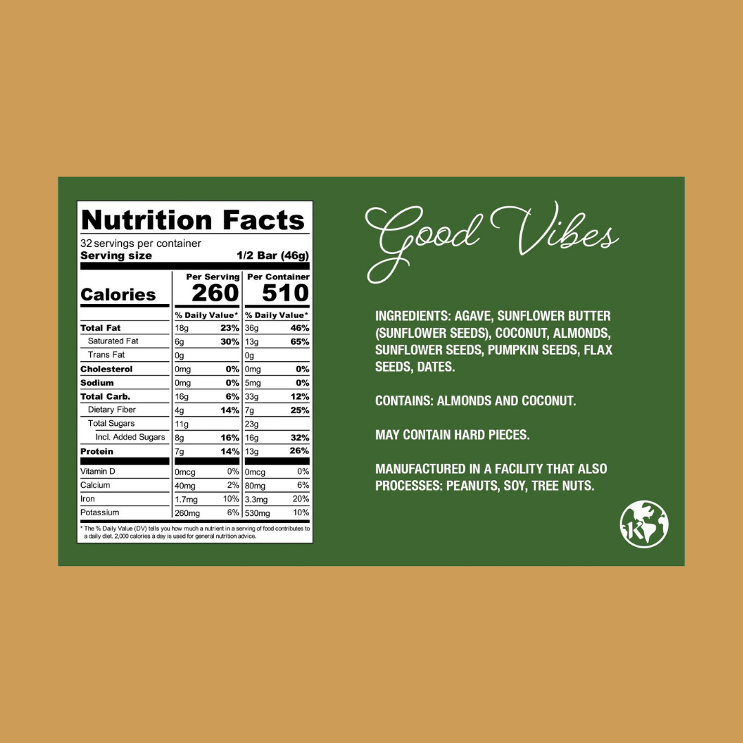 Protein Puck Good Vibes Food Bar Nutrition Label | J&J Vending SF Office Pantry Snacks and Beverage Delivery Service