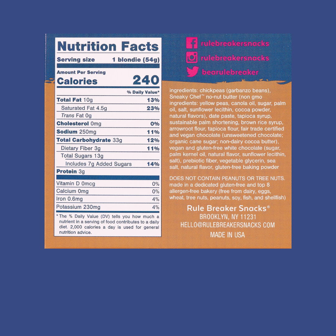 J&J Vending Office Snacks Rule Breaker P'Nutter Chocolate Chip Nutrition Facts