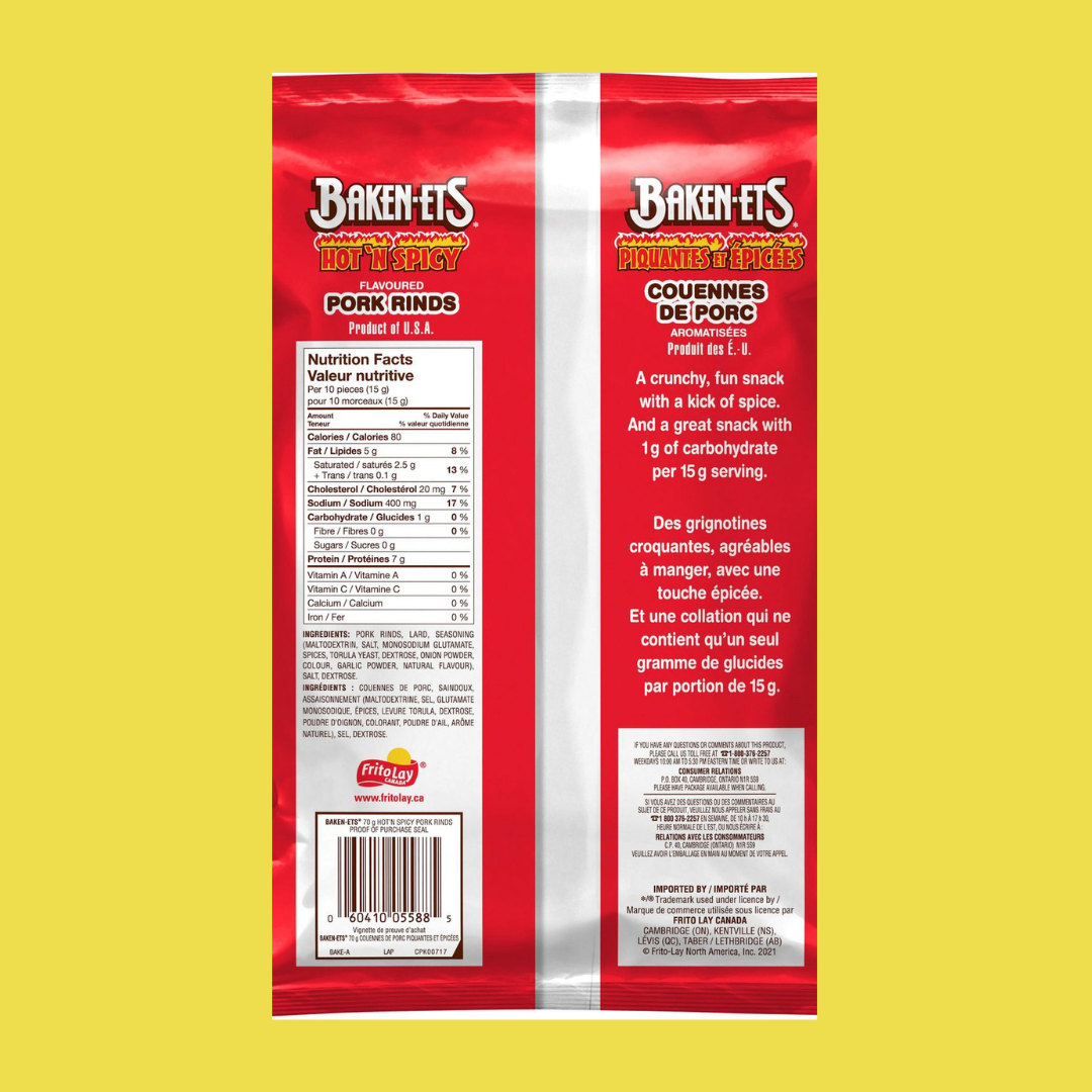 Baken-Ets Chicharrones Hot 'n Spicy Pork Rinds Nutrition Facts | J&J Vending SF Office Pantry Snacks and Beverage Delivery Service