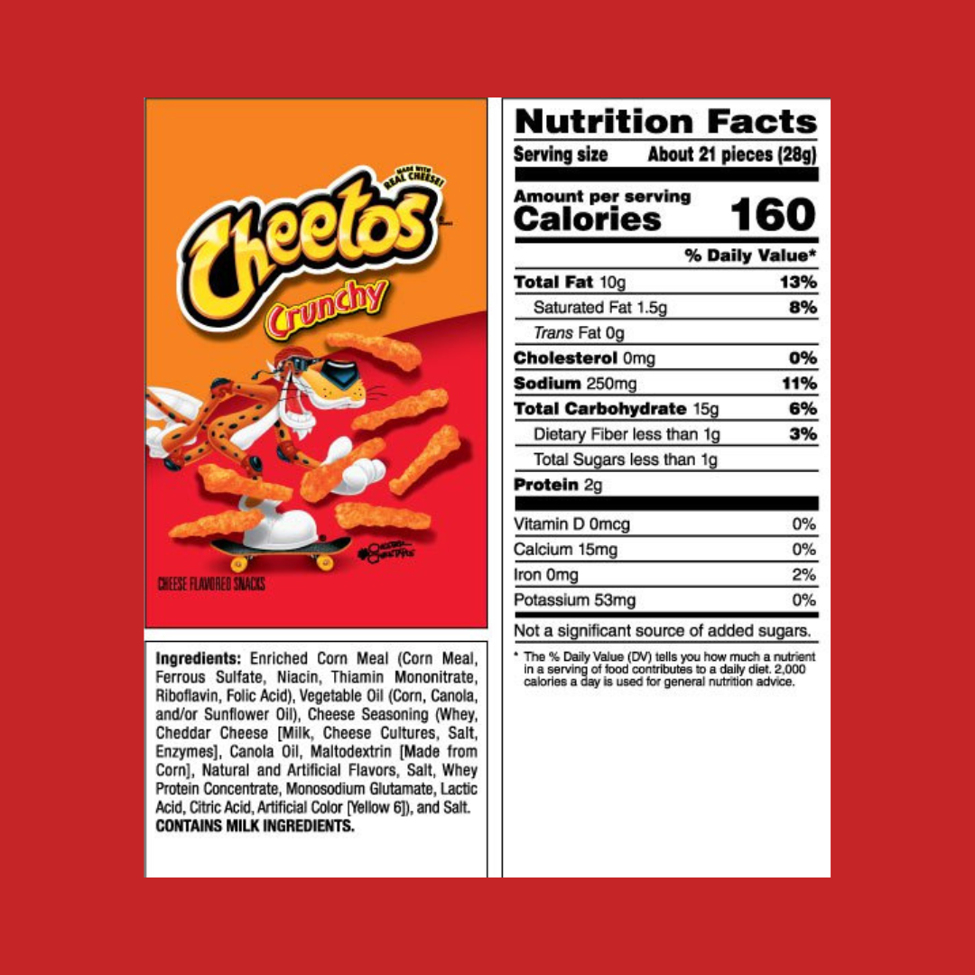 Cheetos Crunch Chips Nutrition Facts | J&J Vending SF Office Pantry Snacks and Beverage Delivery Service