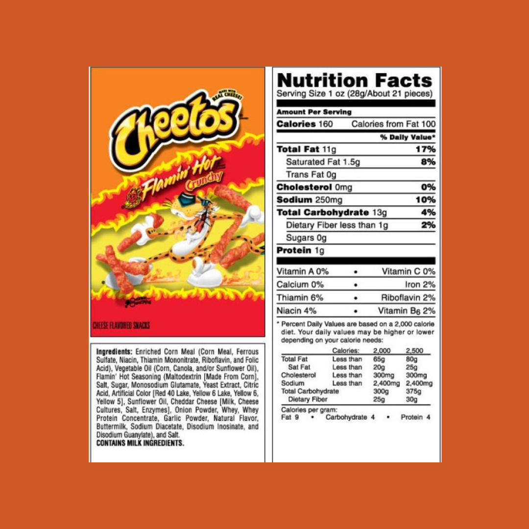 Cheetos Flamin' Hot Crunchy Chips Nutrition Facts | J&J Vending SF Office Pantry Snacks and Beverage Delivery Service