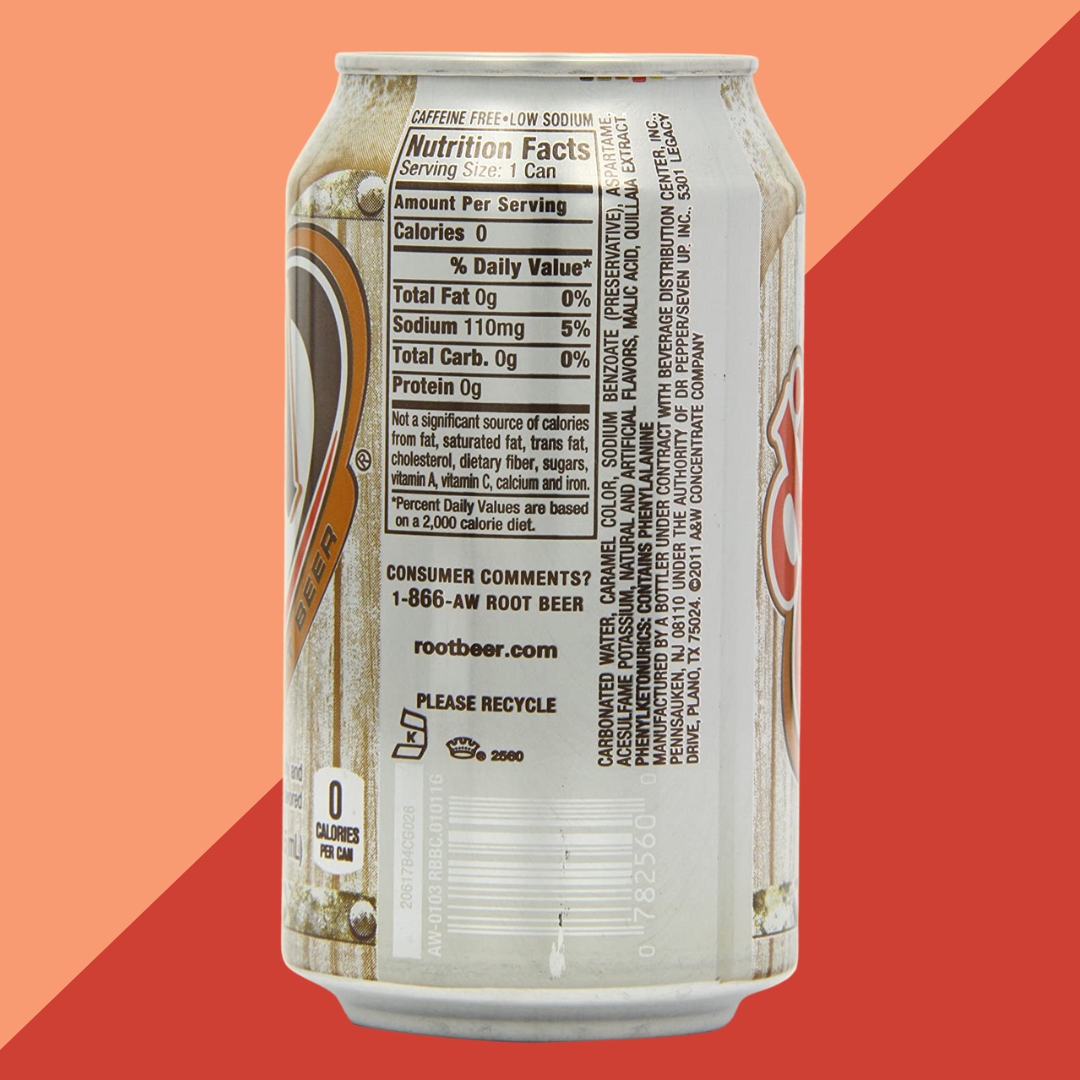 A&W Zero Sugar Root Beer 12oz Can Nutrition Facts | J&J Vending SF Office Snack and Beverage Delivery Service