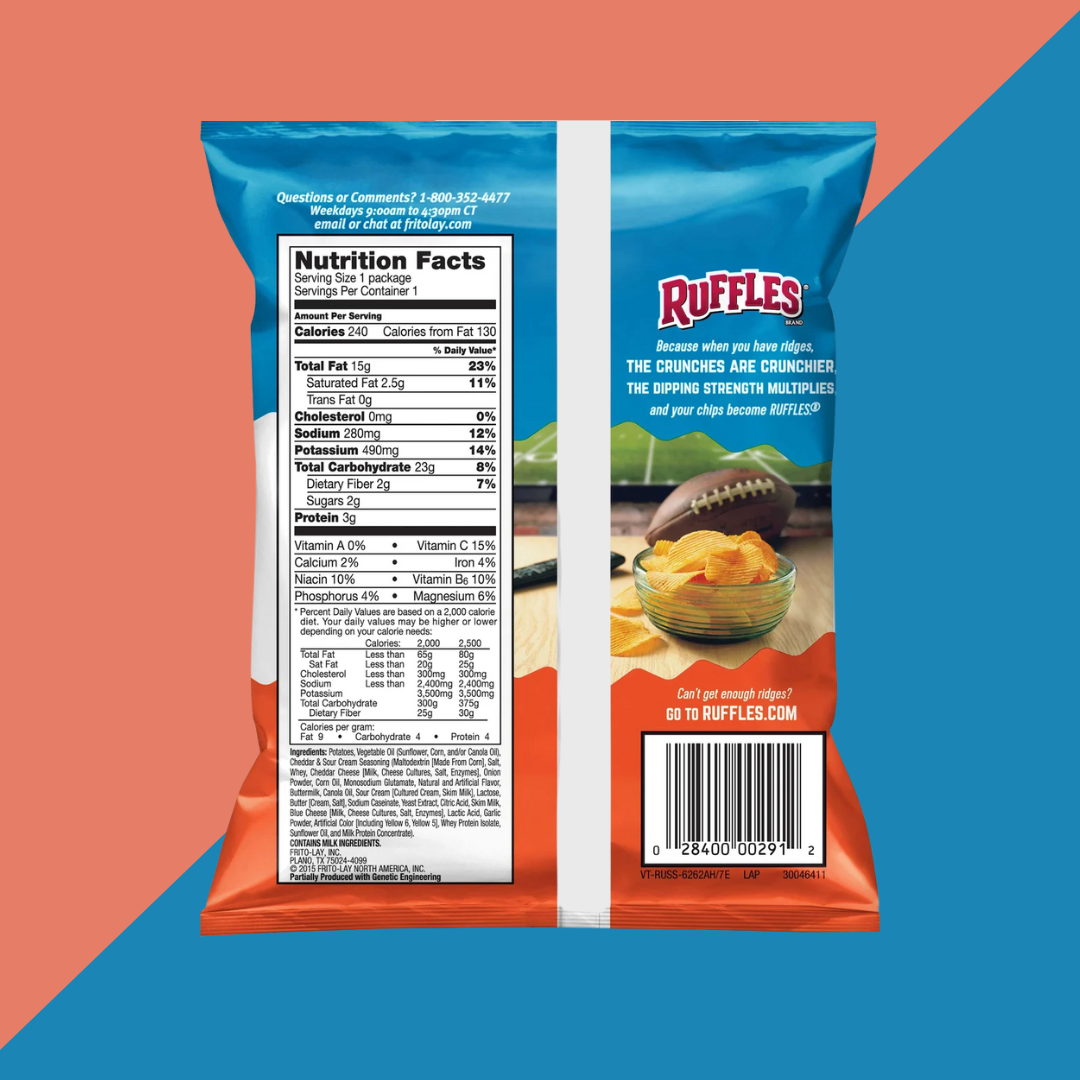 Ruffles Cheddar and Sour Cream Nutrition Facts | J&J Vending SF Office Pantry Snack and Beverage Delivery Service